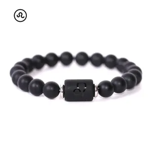 12 zodiak concellate 8mm hitam alami Obsidian gelang manik-manik Bohemian kerajinan baja tahan karat 8MM manik-manik gelang alami