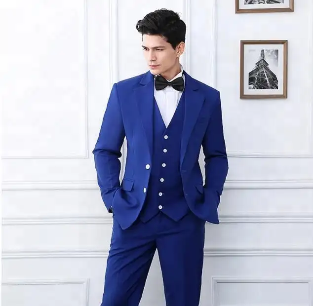 अद्वितीय शीर्ष ब्रांड डिजाइनर सूट के साथ चमकदार नीली तीन टुकड़े सेट कोट पंत पुरुषों सूट कमर कोट