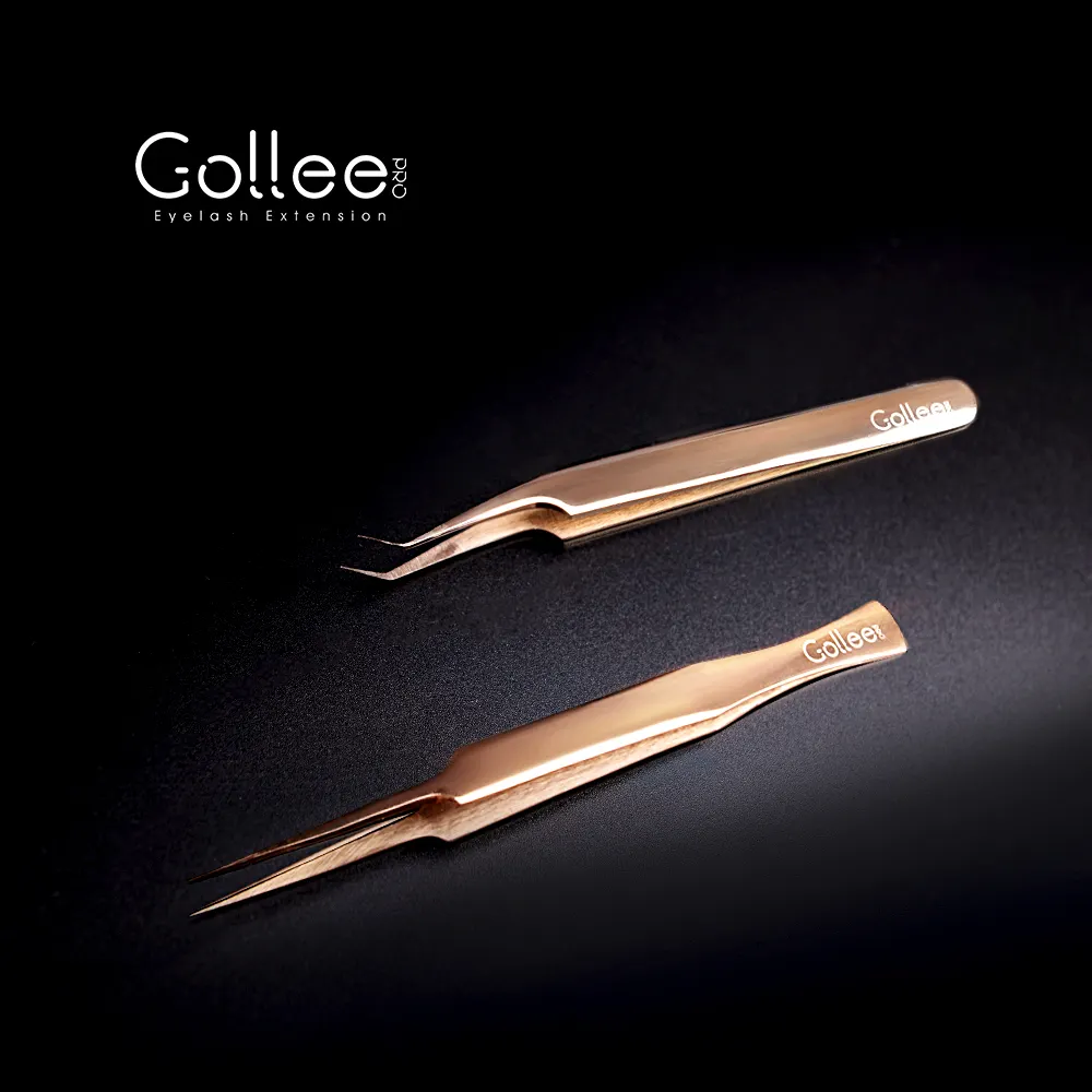 Gollee Rose Gold Wholesale Custom Logo Private Label Lash Tweezers Eyelash Extension Tweezers