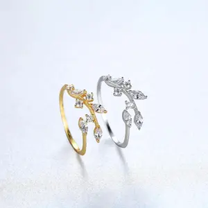 CZCITY Squisito CZ Pietra Argento 925 Dei Monili Regolabile Anello Aperto Anello Coreano 925 Sterling Argento Fatti A Mano di Oliva Foglia Anelli per Le Donne