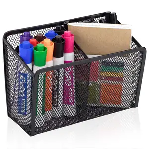 Kantoor 2 compartimenten metalen mesh magnetische pen houder voor potlood memo clip whiteboard markers met 6 sterke magneten