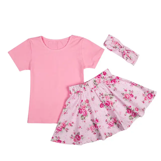 Hot Bulk Children's Clothes Pink Short Top And Floral Ruffle Skirts With Headband 3pcs Girls Outfit Set