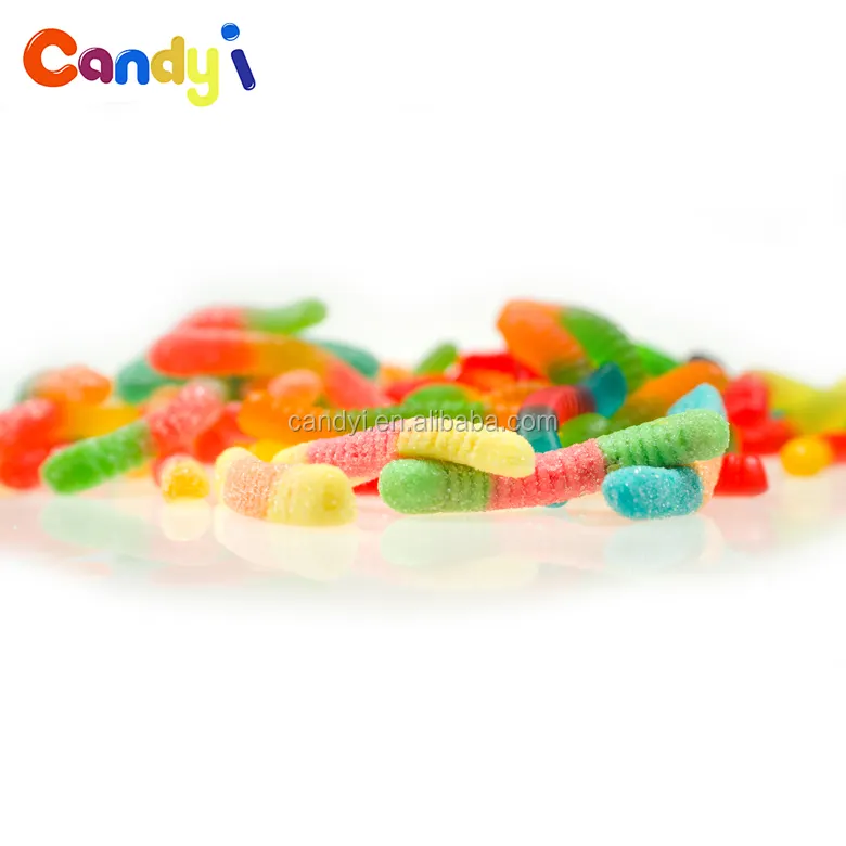 Fruity three color worms shape gummy candy with sugar coated