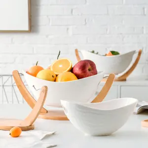 Nordic multi-functional boat type ceramic bowl with bamboo wooden rack salad Italian fruit ceramic bowl