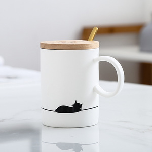 Taza <span class=keywords><strong>de</strong></span> café <span class=keywords><strong>de</strong></span> porcelana con tapa <span class=keywords><strong>de</strong></span> madera, <span class=keywords><strong>diseño</strong></span> <span class=keywords><strong>de</strong></span> gato perezoso blanco y negro - Product Image 6