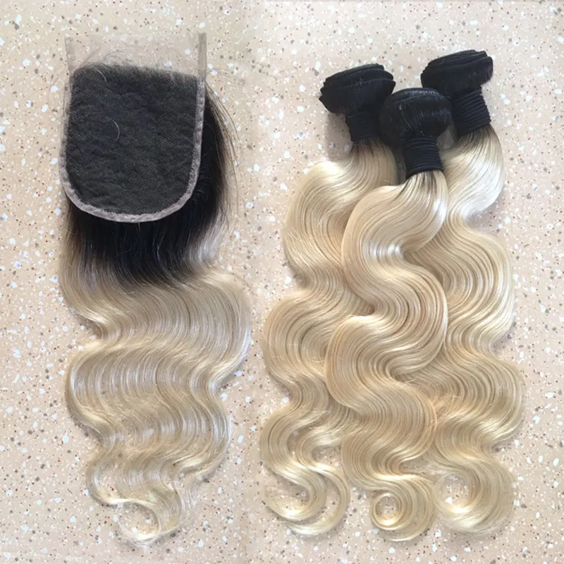 Fast shipping wholesale T1B613 black roots ombre blonde virgin brazilian hair weave bundles with lace closure