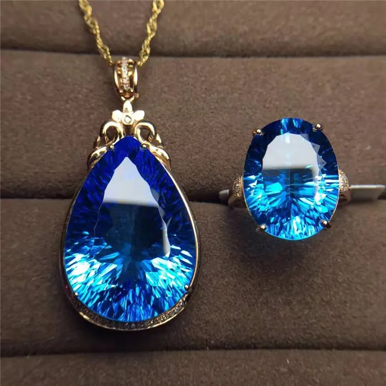 SGARIT Custom Jewelry 18k Real Solid Gold Swiss Blue Topaz 39ct Pendant And 12ct Ring Jewelry Set Gemstone Jewellery