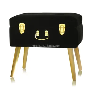 Black velvet storage trunk box stool with 4 wooden legs in kd