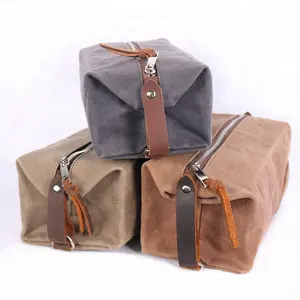 Custom travel waxed canvas mens leather toiletry bag cosmetic bag shaving dopp kit