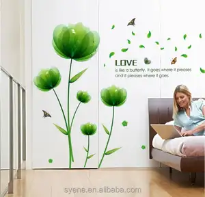 Syene high quality beautiful printable removable 3d green flower and butterfly wall decal sticker for bathroom