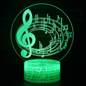 LED3Dランプ音符3Dナイトライト、クラックベースカラフルな変化するベッドサイドテーブルランプ、クリスマスの家の装飾用