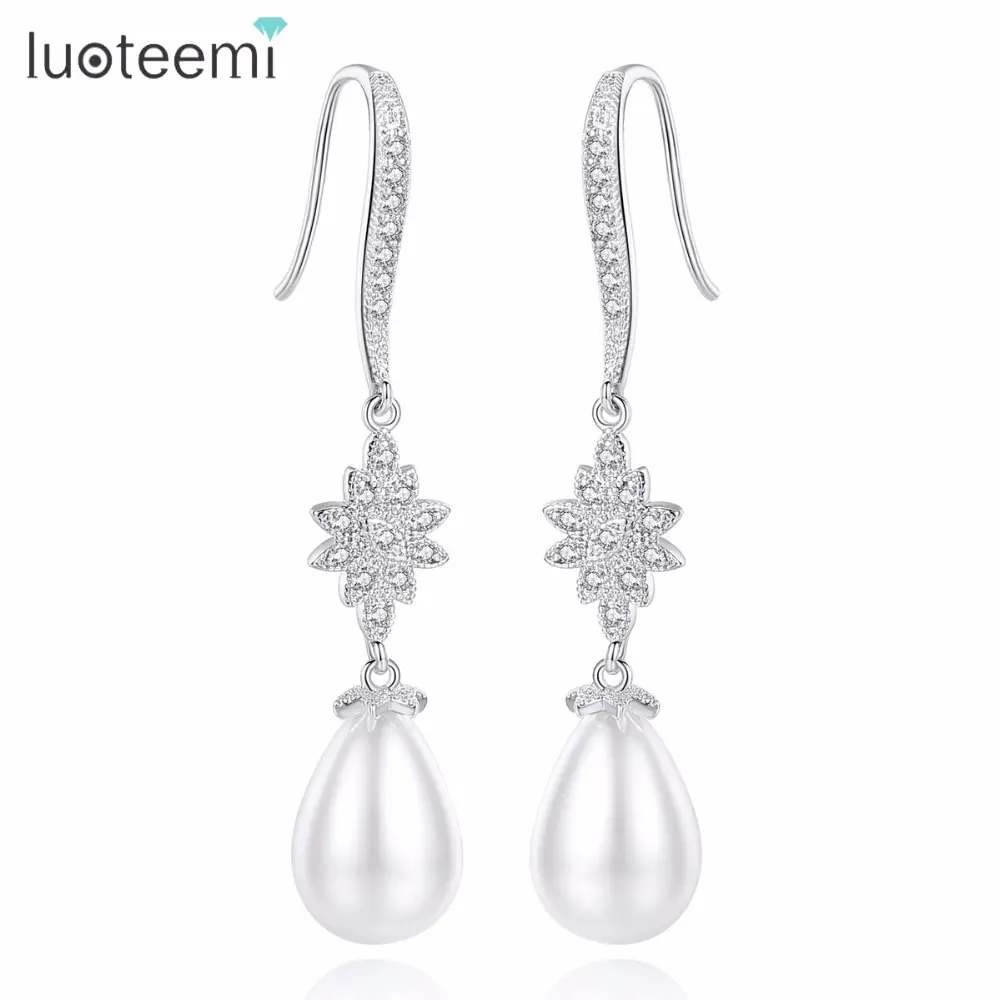 LUOTEEMI Big Imitation Pearl Brilliant Water Drop Earrings Clear Color Long Hook Attractive High Quality For Girl Party Bijoux
