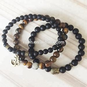 SN0863 3 pz/set Mala perline curative occhio di tigre opaca onice Yoga bronzo Buddha Om bracciale da polso per gli uomini - Product Image 4