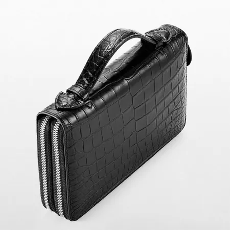 Double Zip Around Mens Alligator long Clutch Bag, Large capacity Alligator leather long clutches RFID blocking Wallet