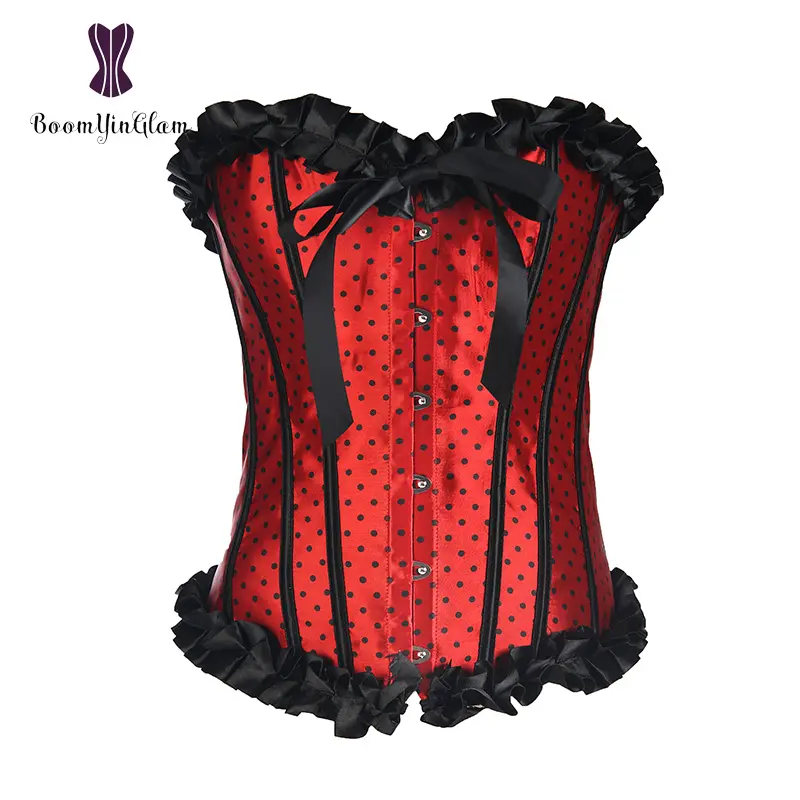 Set Korset & Thong Wanita Tanpa Tali, Pemangkas Renda Polka Dot Cincher Pinggang Merah dan Hitam