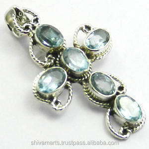 Design unique fait à la main en argent sterling 925 topaze bleue pierre précieuse croix pendentif bijoux fins pendentifs et breloques fournisseur - Product Image 2