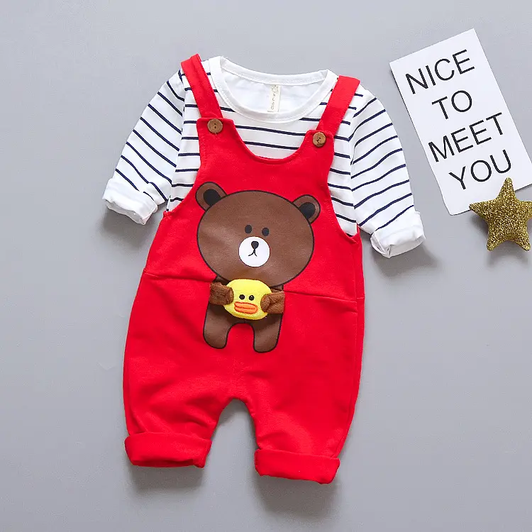 Hao Baby Kinderkleding Tweedelige Herfst Cartoon Beer Kid Print Gestreepte Lange Mouw Pak