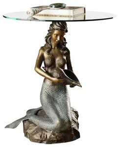 Estátua de bronze de sereia escultura de vidro decorativo e mesa de café de latão