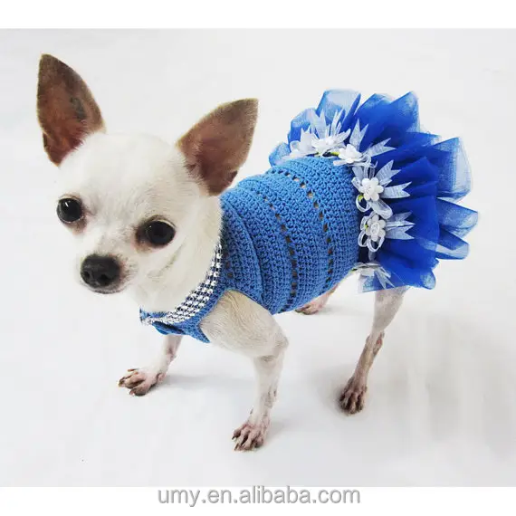 Vestido azul de tutú para perro, Crochet ostentoso, hecho a mano, ganchillo, boda, diseño, Chihuahua, ropa, disfraz de gato