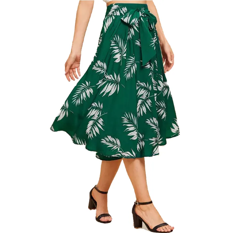 Custom Beach Casual Chiffon Waist Knot Flower Print Girls Skirt Pleated
