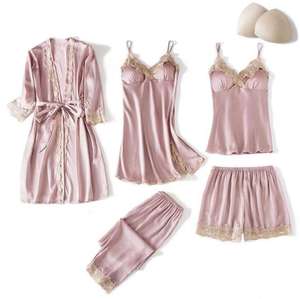 طقم بيجامة شيفون حريرية مثيرة عالية الجودة للنساء من خمس قطع مجموعة كاملة من ملابس النوم - Product Image 3