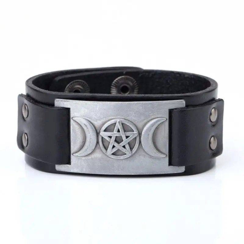 Triple Moon Goddess Wicca bracciale uomo gioielli pentagramma amuleto magico talismano braccialetti Vintage bottone a pressione gioielli