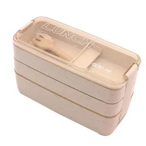 Factory Top Seller Office School Travel Fork Spoon Bento Box Set Double Layer 800ml Wheat Straw Lunch Box