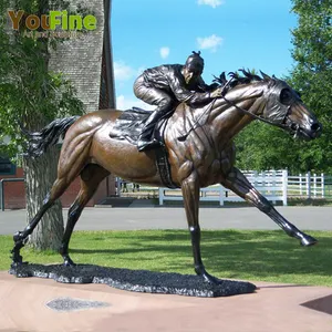 等身大の男とジャンプ馬のブロンズ彫刻