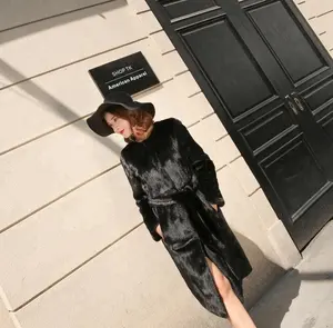 Thermal Office Lady Genuine Mink Black Pockets Long Fur Coat Real With Belt