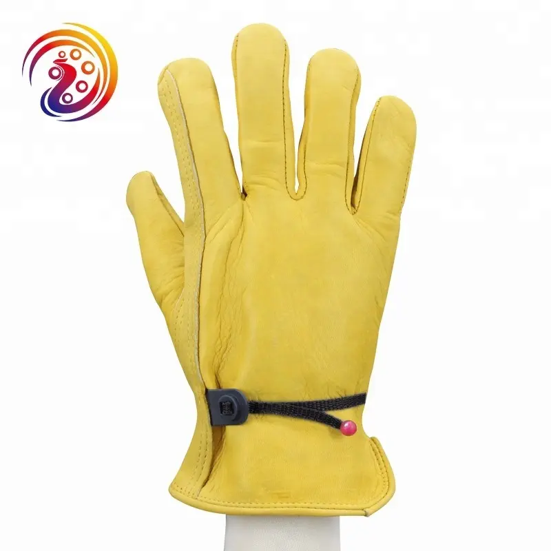 Yellow cow upper leather western safety gloves driving working with Ball and Tape Wrist Closure