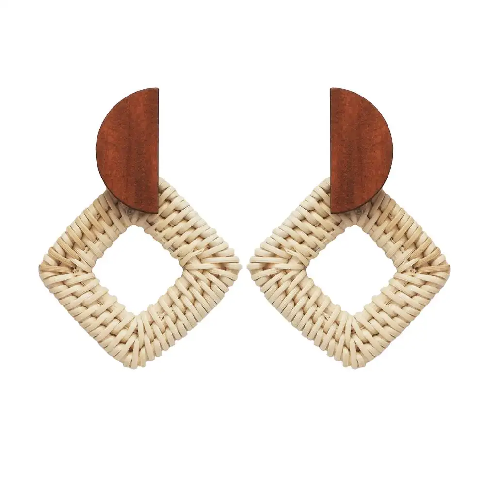 Bohemian Straw Rattan Woven Geometric Stud Earrings For Women Handmade Wood Big Drop Earrings Fashion Jewelry