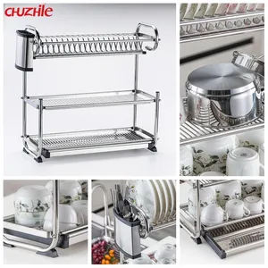 Rak Pengering Piring Dapur Dapat Dilipat, Rak Mangkuk Stainless Steel Kawat Logam Tahan Lama