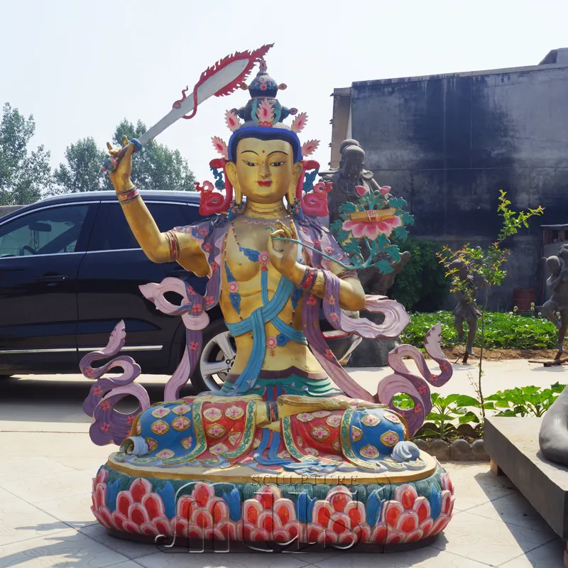 Statue de bouddha tibétain, noir, en Bronze peint à la main, avec épée et fleur