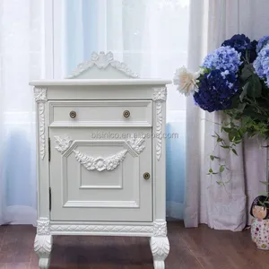 French Provincial Wooden Hand Carved White & Blue Nightstand Table/ Antique Vintage Princess Bedside Table