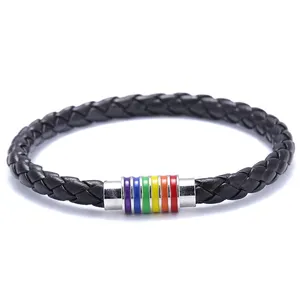 Neue Schwarz Braun Echten Geflochtenen Leder Armband Männer Homosexuell Stolz Regenbogen Magnetischen Armband Geschenk