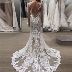 Brand Latest Detachable Skirt Wedding Dresses Mermaid Lace See Through Bridal Gown Sexy western African design wedding gown