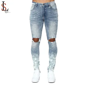 Hoge Kwaliteit Slim Fit Spray Verf Denim Jeans Mode Gewassen Verontruste Ripped Zipper Ankle Mannen Jeans