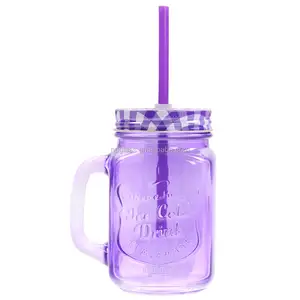 16oz Manche Violet Verre Mason Pot À Boire Avec Couvercle Paille de Cocktail de Jus