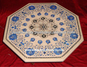 Plateau de table octogonal en marbre rose incrusté, plateau de table antique en Pietra Dura, plateaux de table en marbre Makrana incrustés - Product Image 1