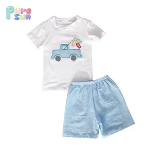 Camiseta de algodón con apliques para niños, conjuntos de pantalones cortos seersucker, ropa de boutique