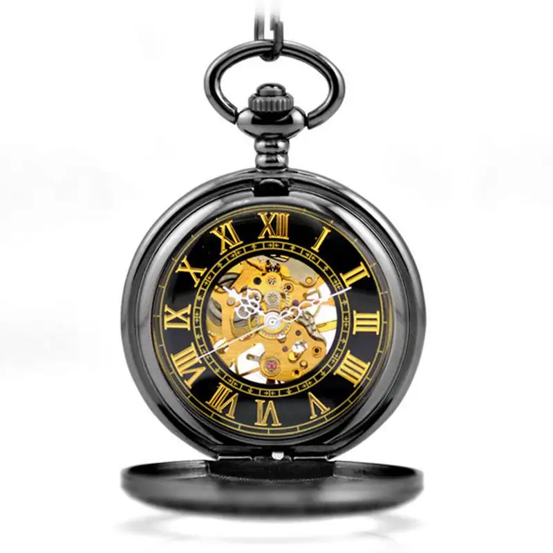 นาฬิกาผู้ชายกระเป๋ากลไกโครงกระดูกสตีมพังก์สีดำ,นาฬิกาสายโซ่และ Fob แบบพกพาสร้อยคอแบรนด์หรูโบราณ