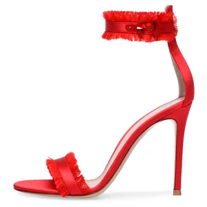 Stylish Women Sandals Summer High Heels Wedding Red Bridal Shoes Stiletto Ankle Strap Fringe Ladies Sandal