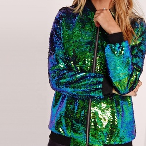 KY Green <strong>Sequin</strong> Bomber <strong>Jacket</strong> Women <strong>Plus</strong> <strong>Size</strong> Autumn Ribbed Knit Polyester Dyed Fabric Cotton Hot Zipper Dance Stage Catwalk - Product Image 3