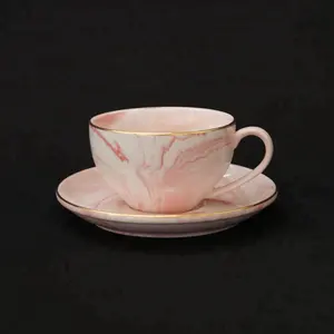 Pink Marble Pattern With Gold Rim Tea Cup Saucer Set