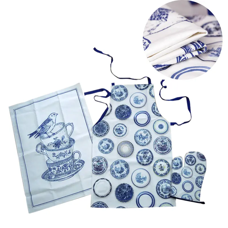 Дешево оптовая продажа высококачественных печатных хлопковое кухонное полотенце набор горшок держатель печь варежки, фартук, комплект