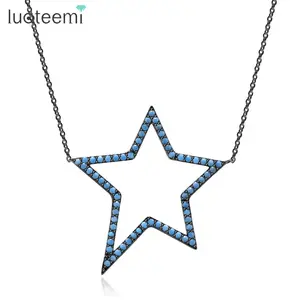 LUOTEEMI Newest Design Blue CZ Crystal Micro Paved Black Color Plating Hollow Lucky Star Necklace