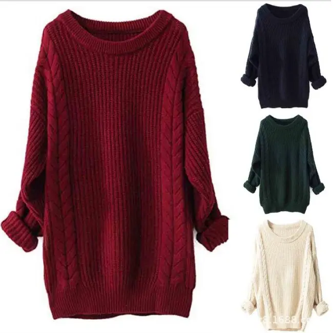 Damen Kaschmir Übergroße lose gestrickte Rundhals ausschnitt Langarm Winter Warme Wolle Pullover Lange Pullover Kleider Tops A395