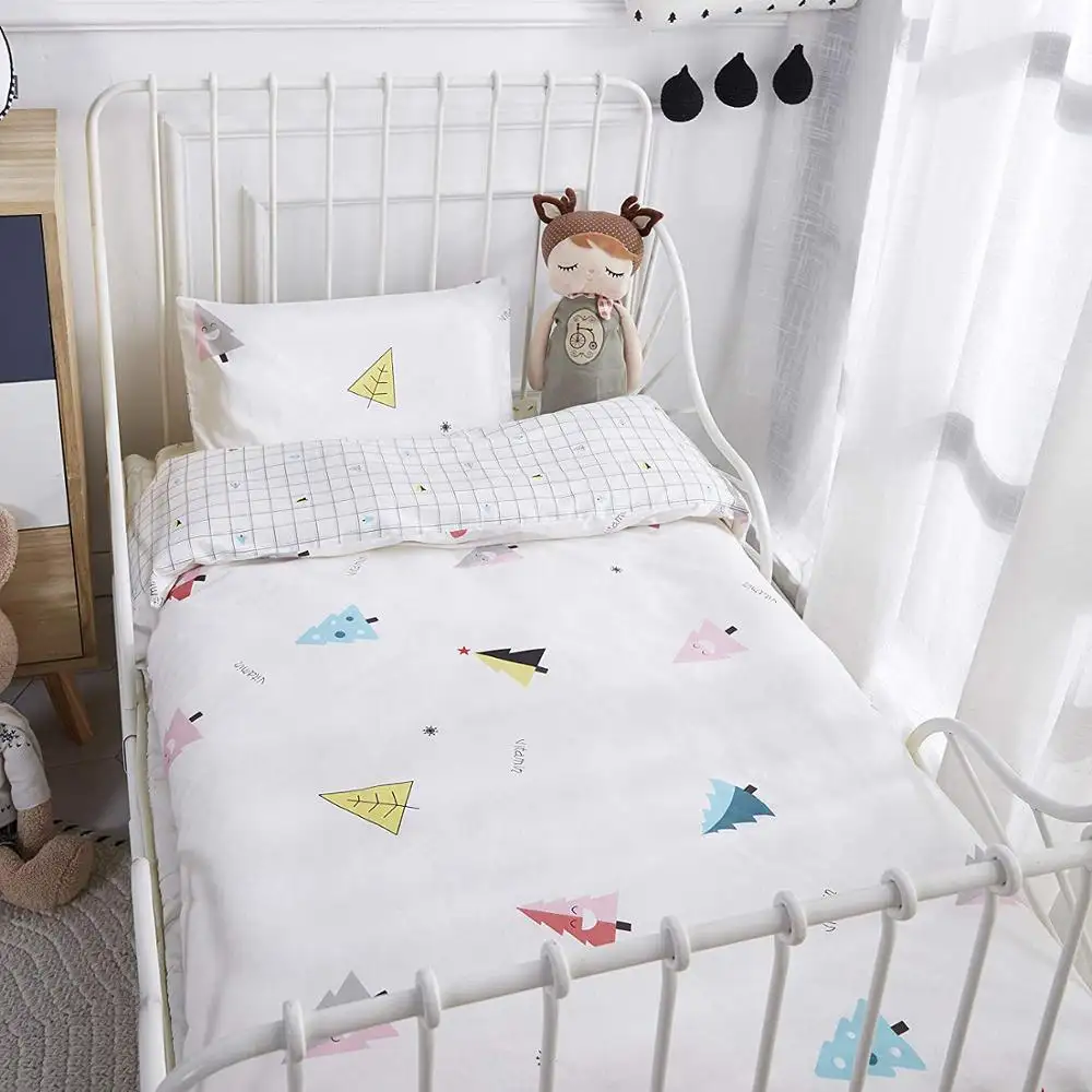 China Wholesale New Design Cute Trees 100% Cotton Crib Baby Toddler Duvet Cover Zipper Closure Bedding Set