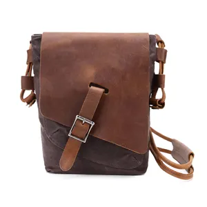 Vertical waxed canvas satchel crossbody sling bag waterproof genuine leather classic messenger bag for men