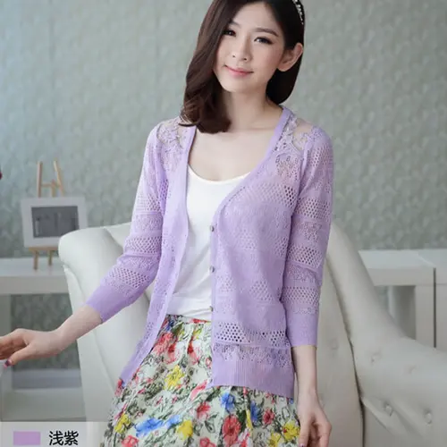 High quality trendy design fashion lady knit wear fancy slim pure color hollow out sweet hand knitted girls cardigan